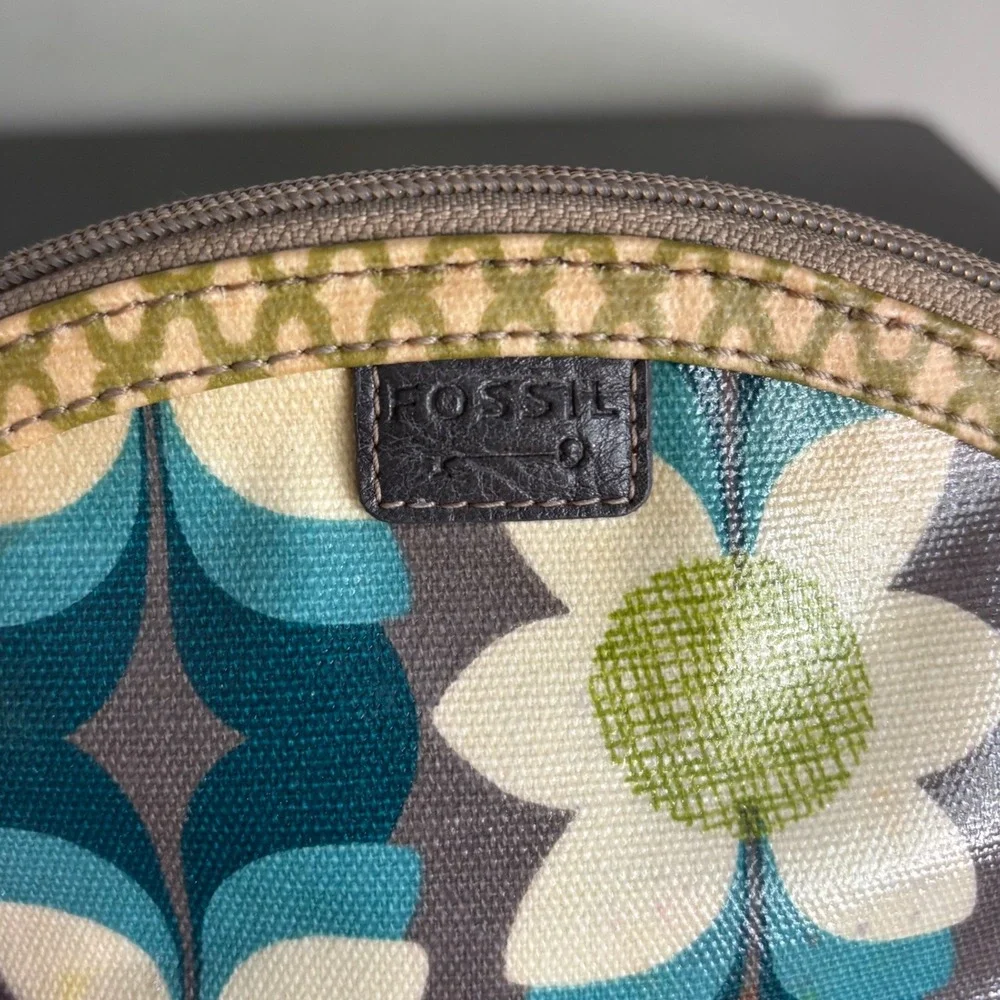Fossil Key-Per | Retro Floral Coated Canvas Cosmetic Makeup Bag | Teal Green